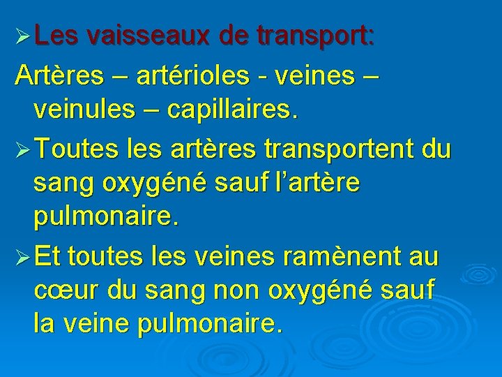 Ø Les vaisseaux de transport: Artères – artérioles - veines – veinules – capillaires.