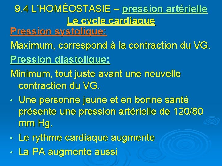 9. 4 L’HOMÉOSTASIE – pression artérielle Le cycle cardiaque Pression systolique: Maximum, correspond à