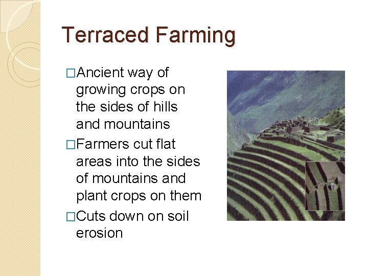 Terraced Farming �Ancient way of growing crops on the sides of hills and mountains