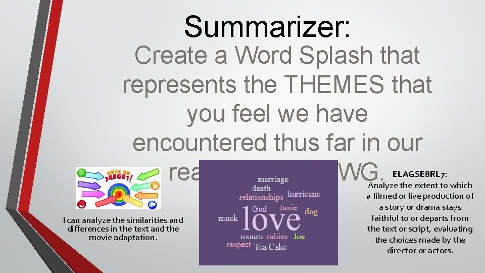 Summarizer: Create a Word Splash that represents the THEMES that you feel we have