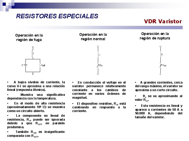 RESISTORES ESPECIALES Operación en la región de fuga • A bajos niveles de corriente,