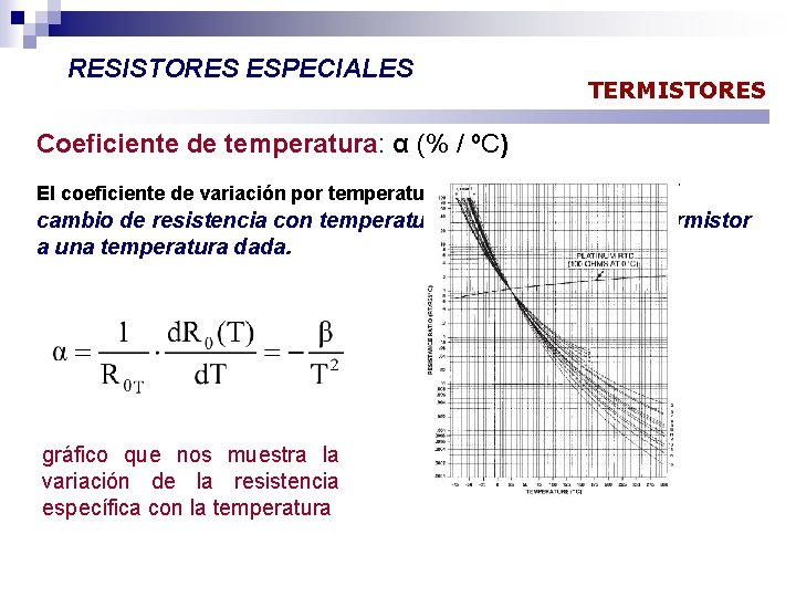 RESISTORES ESPECIALES TERMISTORES Coeficiente de temperatura: α (% / ºC) El coeficiente de variación