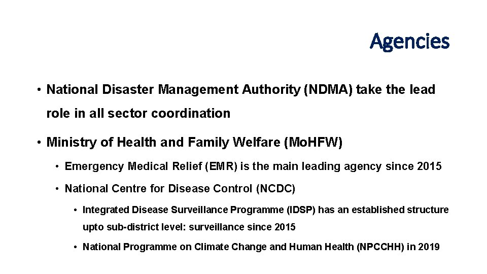Agencies • National Disaster Management Authority (NDMA) take the lead role in all sector Agencies • National Disaster Management Authority (NDMA) take the lead role in all sector