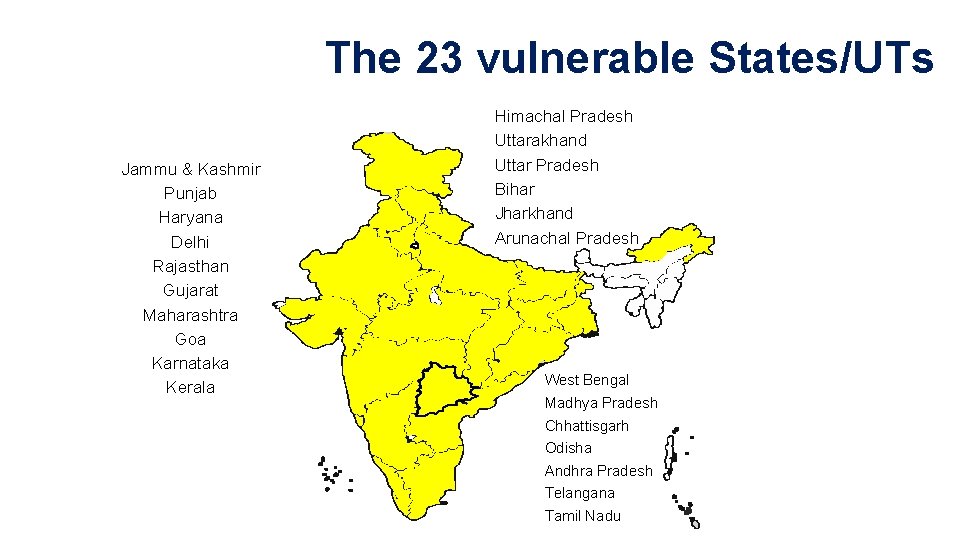 The 23 vulnerable States/UTs Jammu & Kashmir Punjab Haryana Delhi Rajasthan Gujarat Maharashtra Goa The 23 vulnerable States/UTs Jammu & Kashmir Punjab Haryana Delhi Rajasthan Gujarat Maharashtra Goa