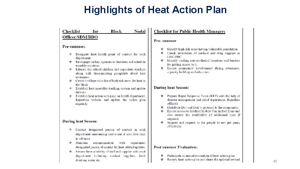 Highlights of Heat Action Plan 40 Highlights of Heat Action Plan 40