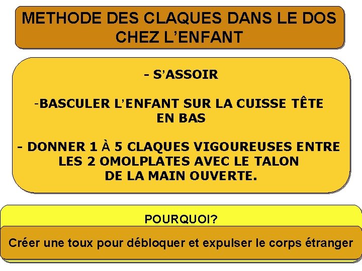 METHODE DES CLAQUES DANS LE DOS CHEZ L’ENFANT - S’ASSOIR -BASCULER L’ENFANT SUR LA