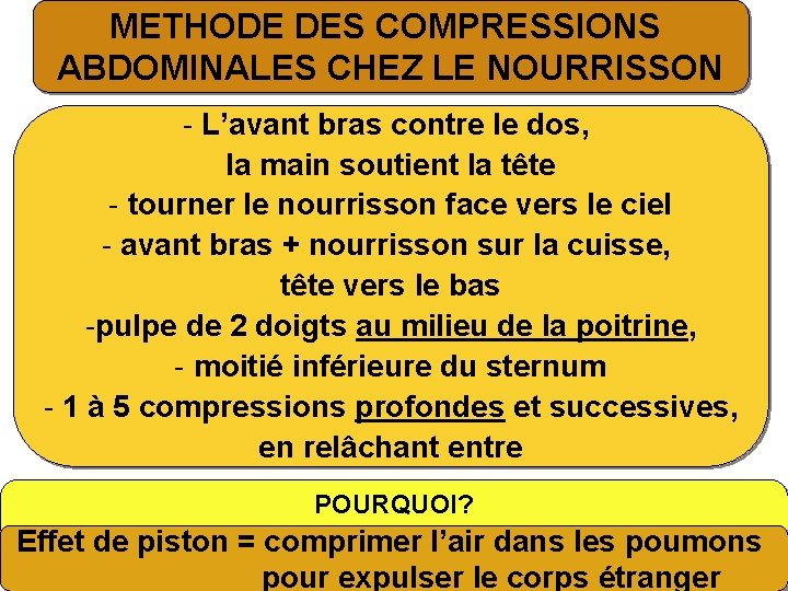 METHODE DES COMPRESSIONS ABDOMINALES CHEZ LE NOURRISSON - L’avant bras contre le dos, la