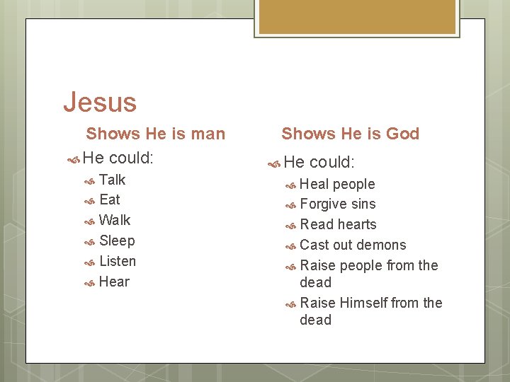 Jesus Shows He is man He could: Talk Eat Walk Sleep Listen Hear Shows