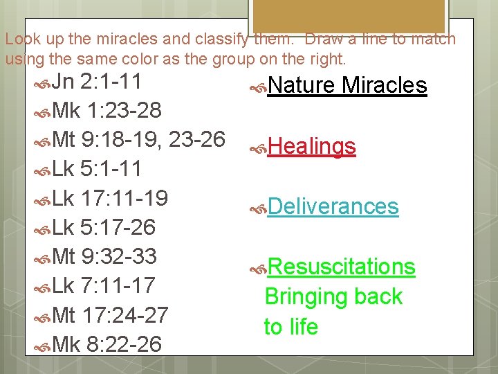 Look up the miracles and classify them. Draw a line to match using the