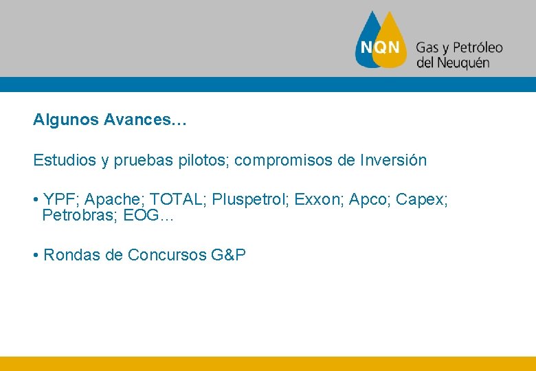 Algunos Avances… Estudios y pruebas pilotos; compromisos de Inversión • YPF; Apache; TOTAL; Pluspetrol;