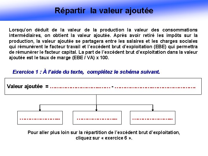 Répartir la valeur ajoutée Lorsqu’on déduit de la valeur de la production la valeur