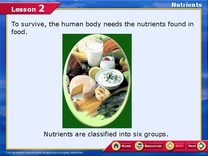 Lesson 2 Nutrients To survive, the human body needs the nutrients found in food.