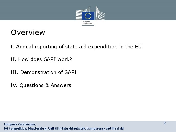 Overview I. Annual reporting of state aid expenditure in the EU II. How does