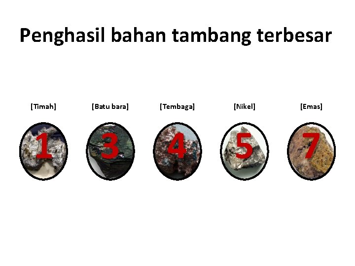 Penghasil bahan tambang terbesar [Price. Waterhouse. Coopers] [Timah] [Batu bara] [Tembaga] [Nikel] [Emas] 1