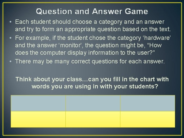 Question and Answer Game • Each student should choose a category and an answer