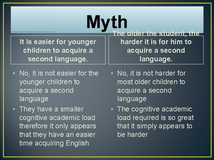 Myth It is easier for younger children to acquire a second language. • No,