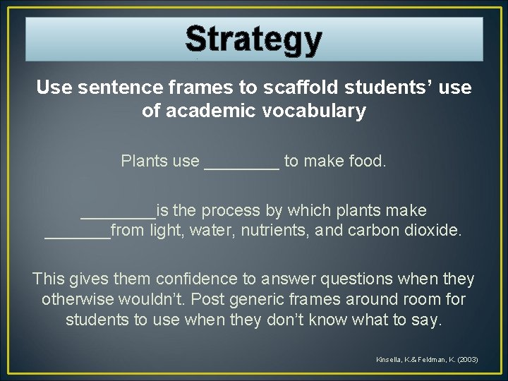 Strategy Use sentence frames to scaffold students’ use of academic vocabulary Plants use ____