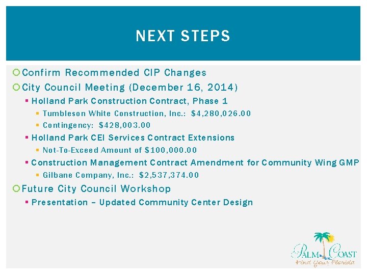 NEXT STEPS Confirm Recommended CIP Changes City Council Meeting (December 16, 2014) § Holland