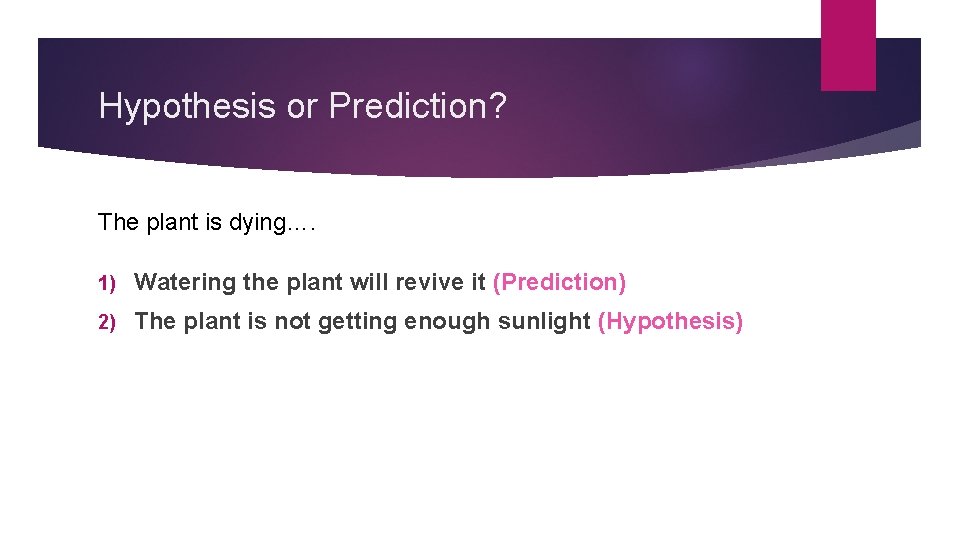 Hypothesis or Prediction? The plant is dying…. 1) Watering the plant will revive it