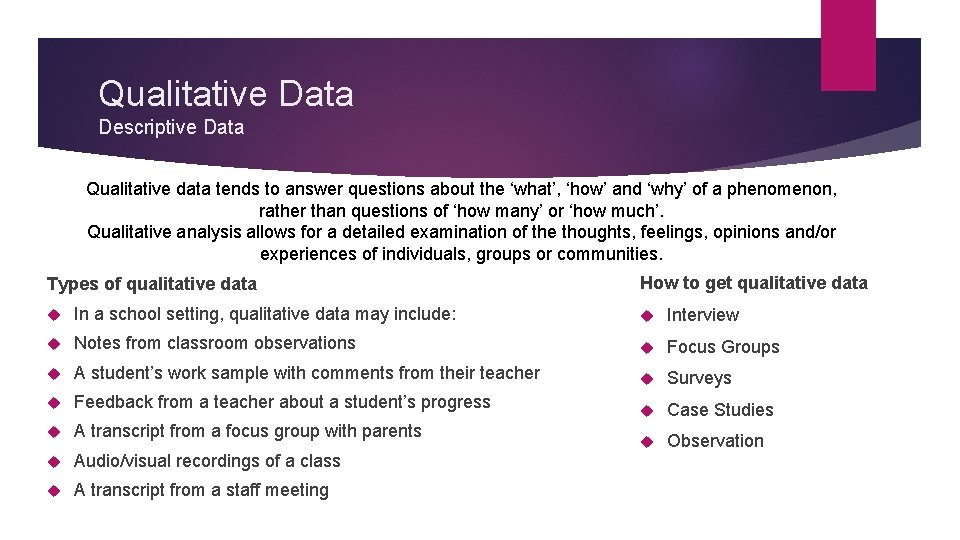 Qualitative Data Descriptive Data Qualitative data tends to answer questions about the ‘what’, ‘how’