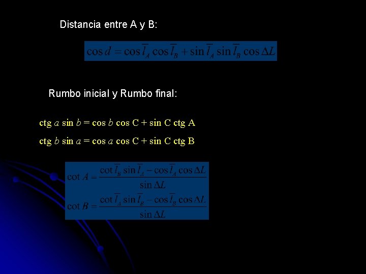 Distancia entre A y B: Rumbo inicial y Rumbo final: ctg a sin b