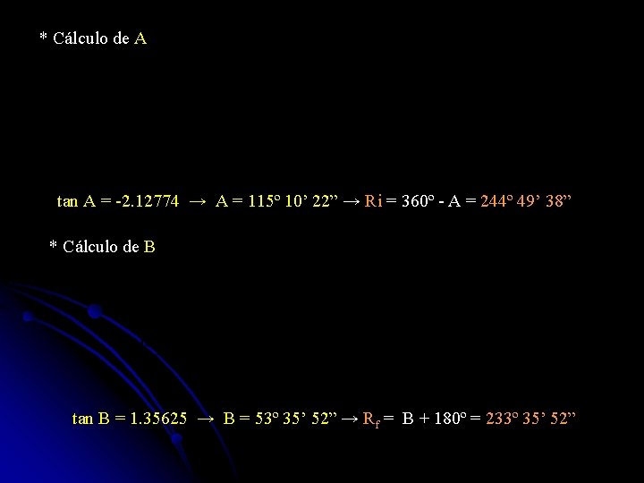 * Cálculo de A tan A = -2. 12774 → A = 115º 10’