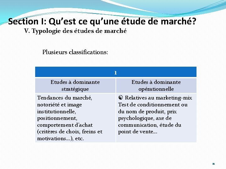 Section I: Qu’est ce qu’une étude de marché? V. Typologie des études de marché