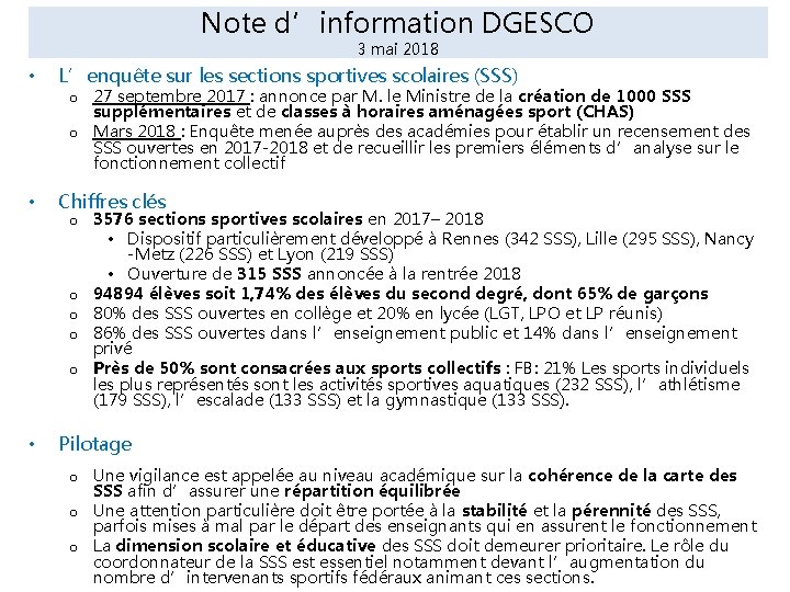 Note d’information DGESCO 3 mai 2018 • L’enquête sur les sections sportives scolaires (SSS)