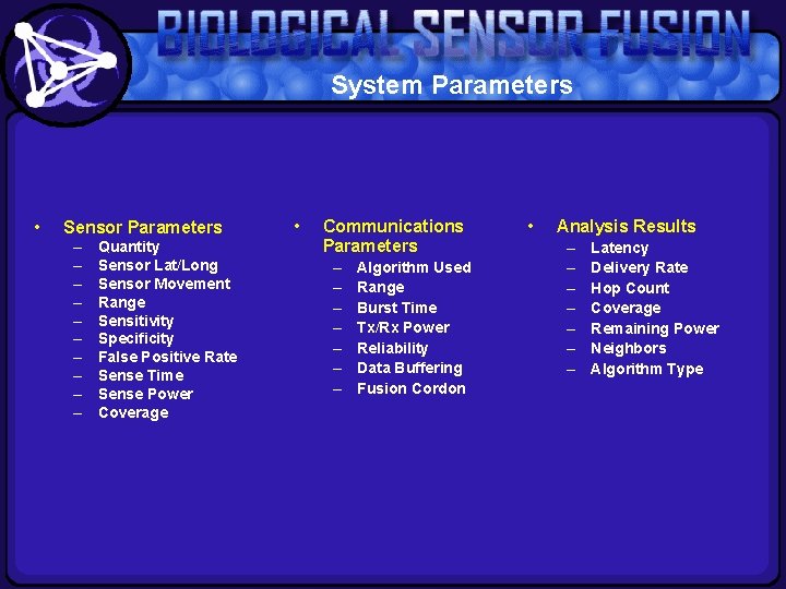 System Parameters • Sensor Parameters – – – – – Quantity Sensor Lat/Long Sensor