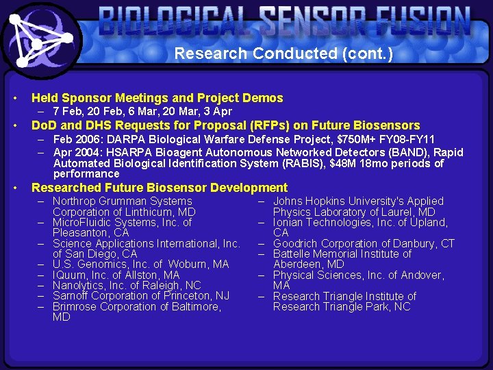 Research Conducted (cont. ) • Held Sponsor Meetings and Project Demos – 7 Feb,