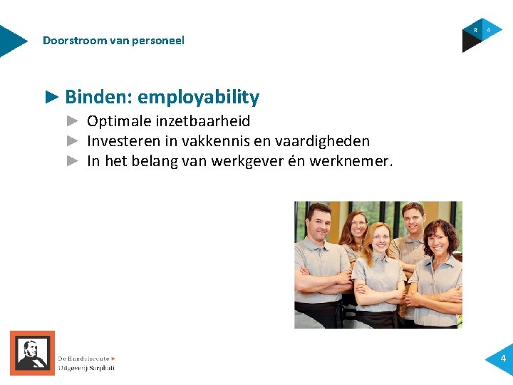 Doorstroom van personeel ► Binden: employability ► Optimale inzetbaarheid ► Investeren in vakkennis en