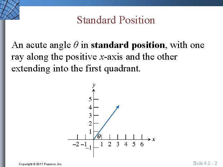 Standard Position An acute angle θ in standard position, with one ray along the