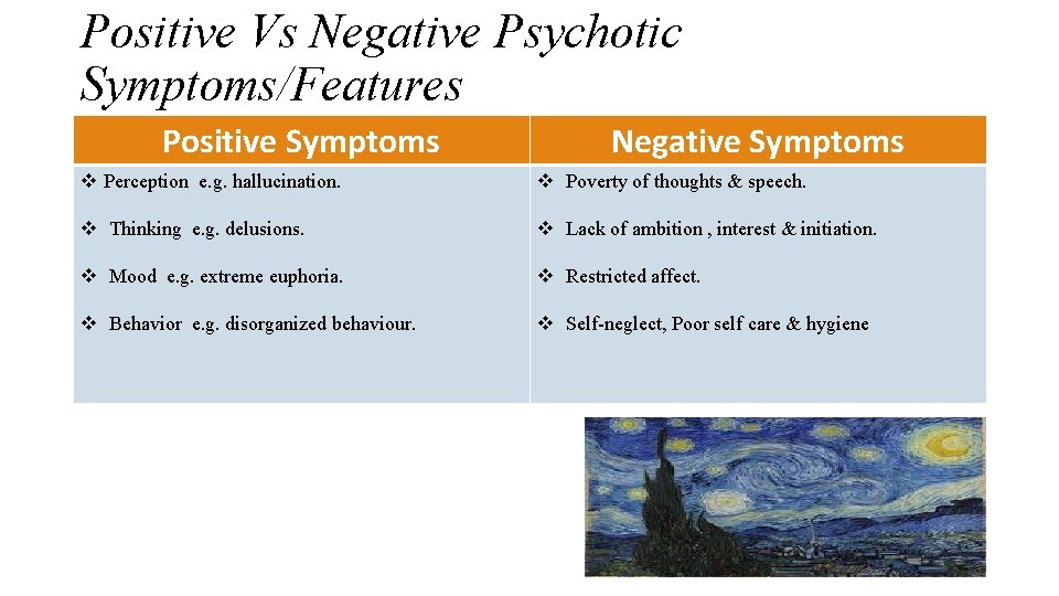 Positive Vs Negative Psychotic Symptoms/Features Positive Symptoms Negative Symptoms v Perception e. g. hallucination.