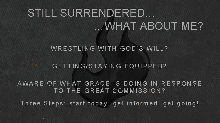 STILL SURRENDERED… …WHAT ABOUT ME? WRESTLING WITH GOD’S WILL? GETTING/STAYING EQUIPPED? AWARE OF WHAT STILL SURRENDERED… …WHAT ABOUT ME? WRESTLING WITH GOD’S WILL? GETTING/STAYING EQUIPPED? AWARE OF WHAT
