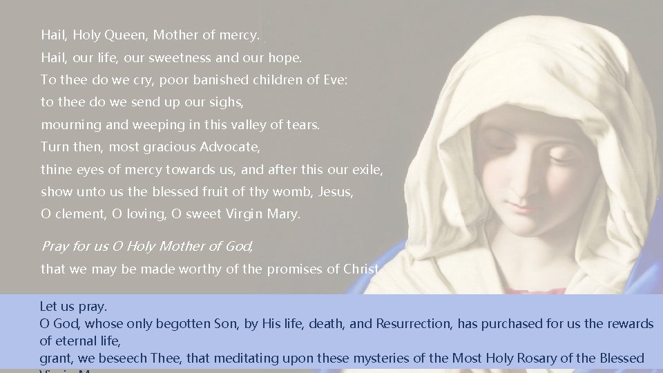 Hail, Holy Queen, Mother of mercy. Hail, our life, our sweetness and our hope.