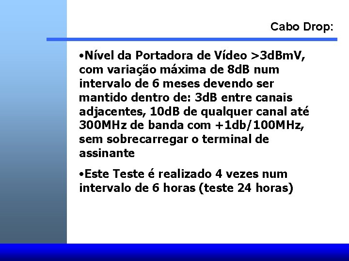 Cabo Drop: • Nível da Portadora de Vídeo >3 d. Bm. V, com variação