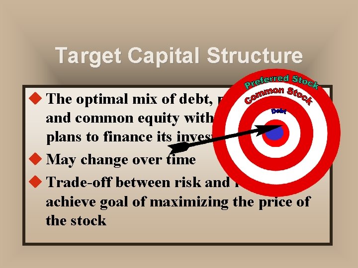 Target Capital Structure u The optimal mix of debt, preferred stock, and common equity