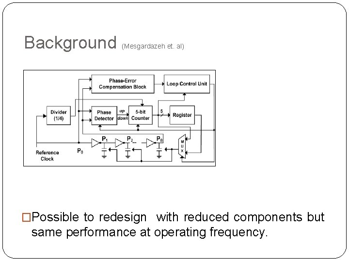 Background (Mesgardazeh et. al) �Possible to redesign with reduced components but same performance at