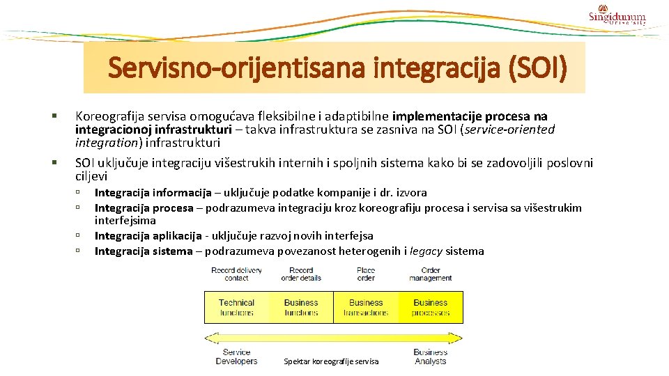 Servisno-orijentisana integracija (SOI) § § Koreografija servisa omogućava fleksibilne i adaptibilne implementacije procesa na