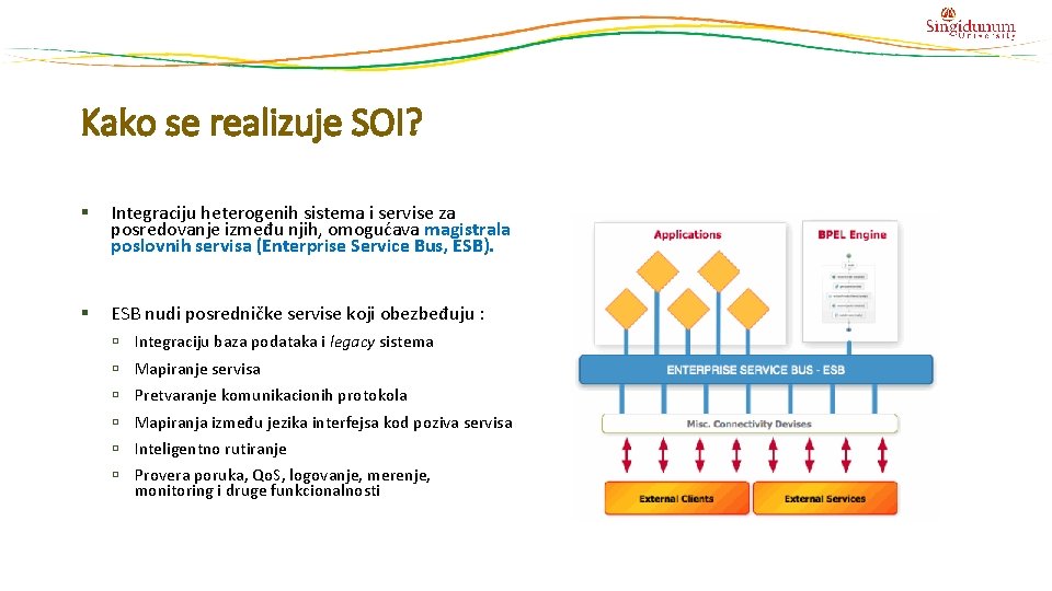 Kako se realizuje SOI? § Integraciju heterogenih sistema i servise za posredovanje između njih,