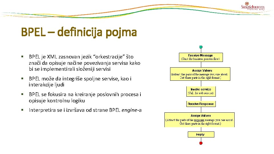 BPEL – definicija pojma § BPEL je XML zasnovan jezik “orkestracije” što znači da