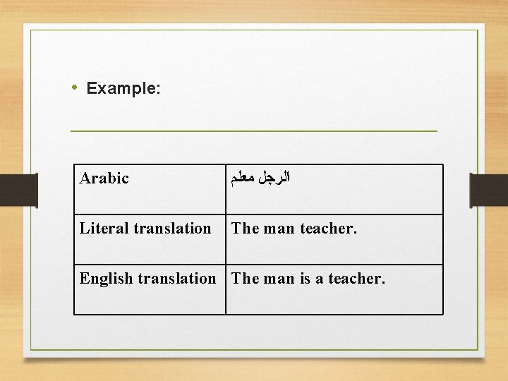  • Example: Arabic ﺍﻟﺮﺟﻞ ﻣﻌﻠﻢ Literal translation The man teacher. English translation The