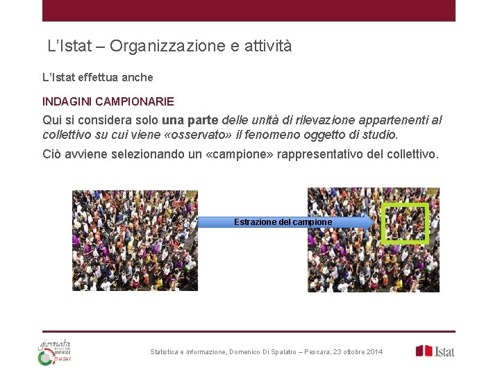 L’Istat – Organizzazione e attività L’Istat effettua anche INDAGINI CAMPIONARIE Qui si considera solo