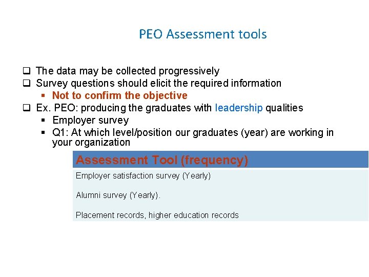 PEO Assessment tools q The data may be collected progressively q Survey questions should