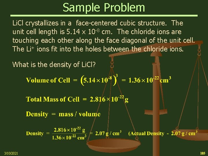 Sample Problem Li. Cl crystallizes in a face-centered cubic structure. The unit cell length