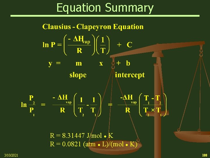 Equation Summary R = 8. 31447 J/mol K R = 0. 0821 (atm L)/(mol