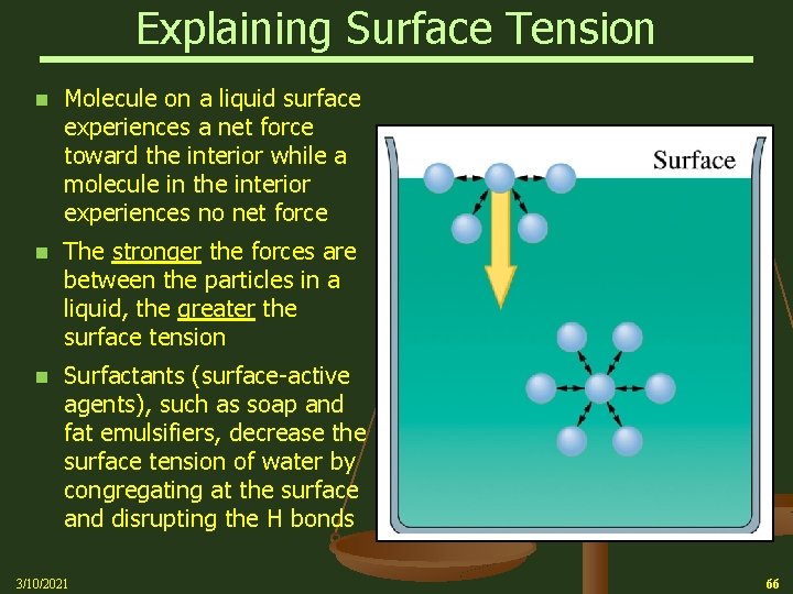 Explaining Surface Tension n Molecule on a liquid surface experiences a net force toward