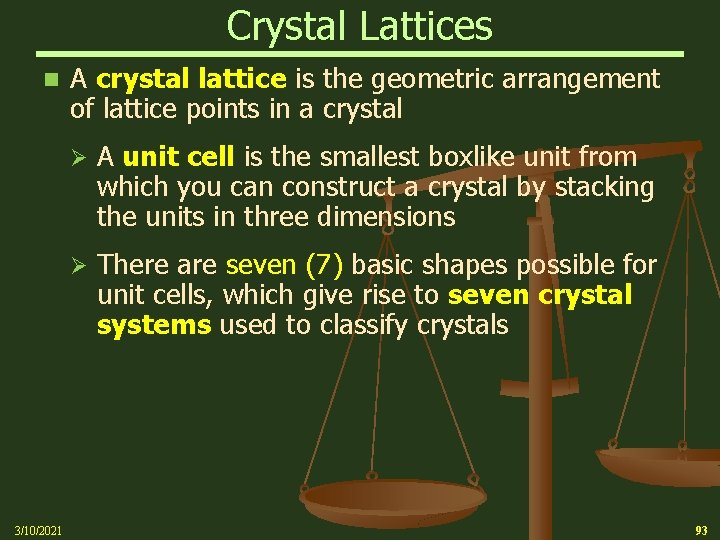 Crystal Lattices n 3/10/2021 A crystal lattice is the geometric arrangement of lattice points