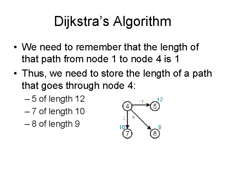 Dijkstra’s Algorithm • We need to remember that the length of that path from