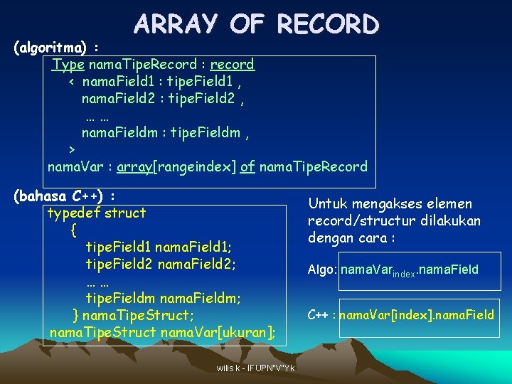 ARRAY OF RECORD (algoritma) : Type nama. Tipe. Record : record < nama. Field ARRAY OF RECORD (algoritma) : Type nama. Tipe. Record : record < nama. Field
